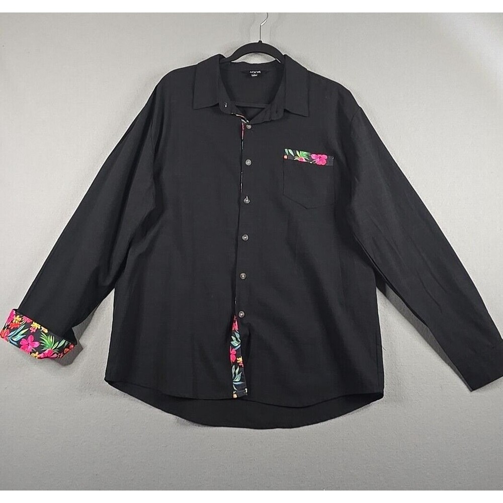Ador Linen Cotton Blend Black with Floral Trim Button Front Top Womens Size L